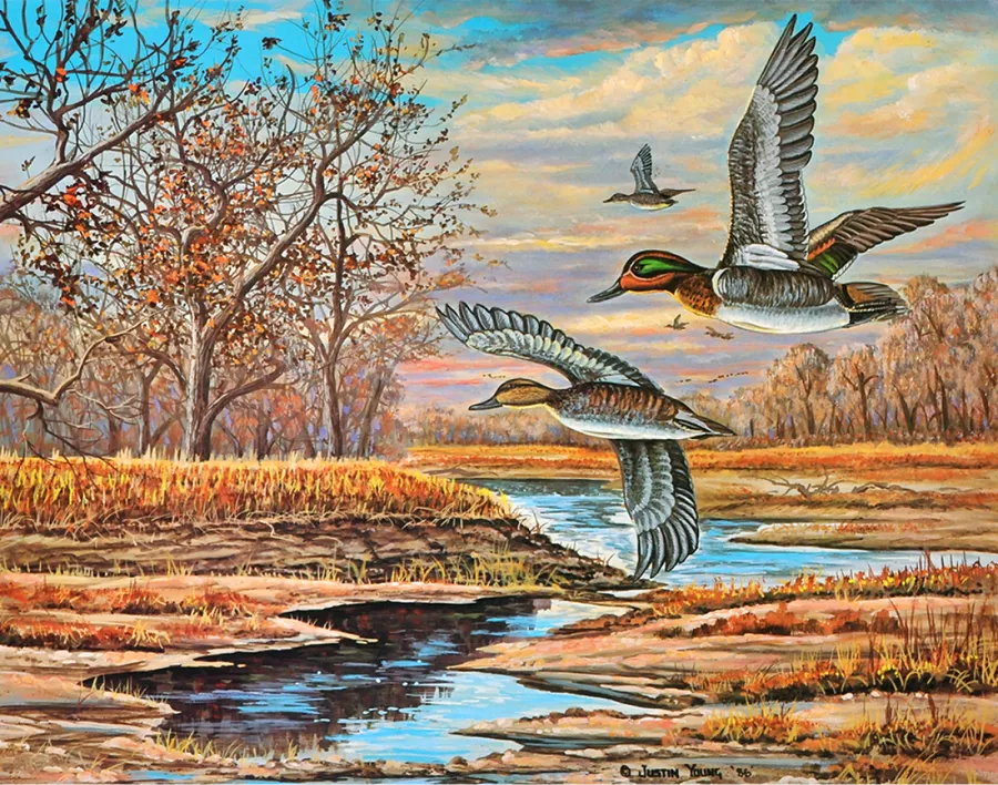 Sand Bar Green-wings — Painting by Justin I. Young